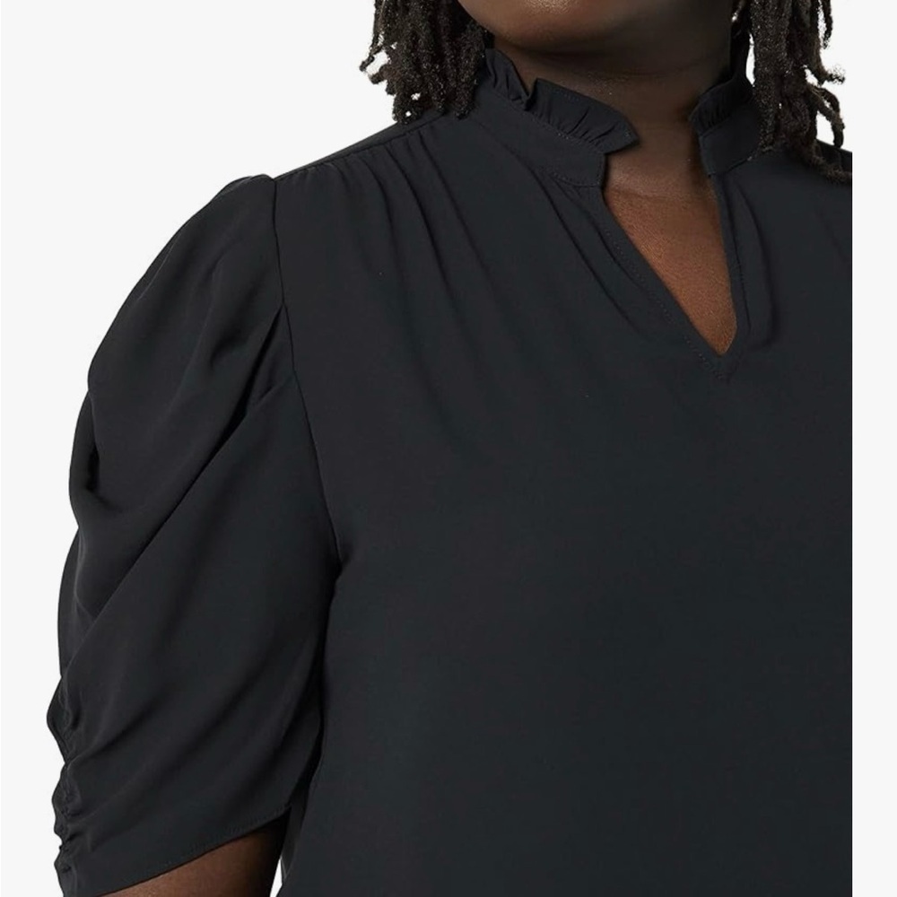 Lark & Ro Ruffled Neck, Ruched Sleeve Blouse, Black, Size L